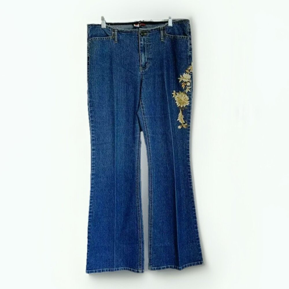 Tapemeasure Raw Hem Waist Embroidered Flare Jeans Women’s 12 Boho Hippie Retro